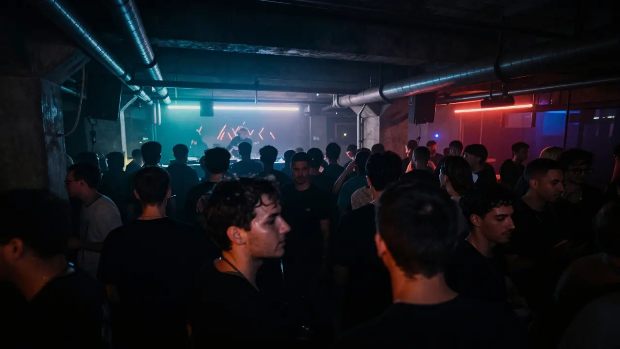 Crowd dancing to underground techno in a neon-lit warehouse club in Paris.