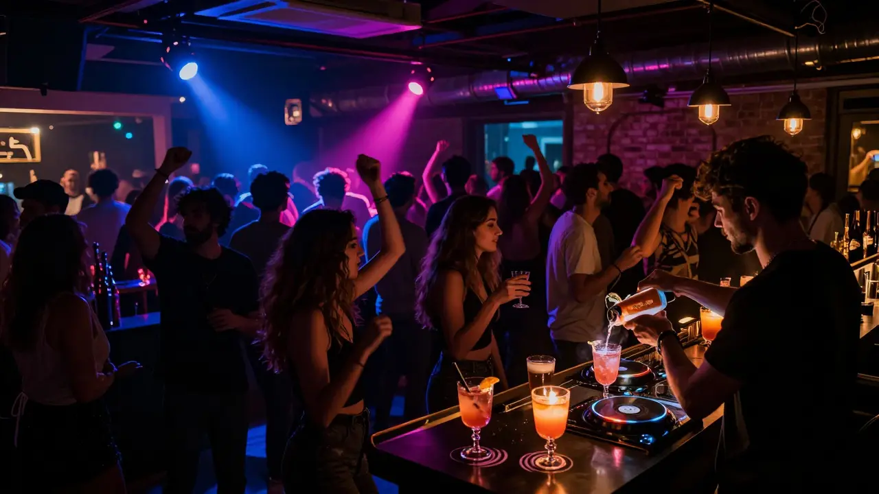 Crowded dance floor at Capo d’Africa nightclub with neon lights and people dancing to loud music.