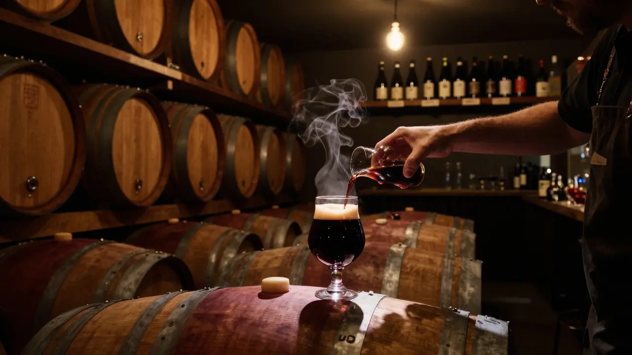 Dark, intimate bar with oak barrels and a single glass of rich barrel-aged stout under soft light.