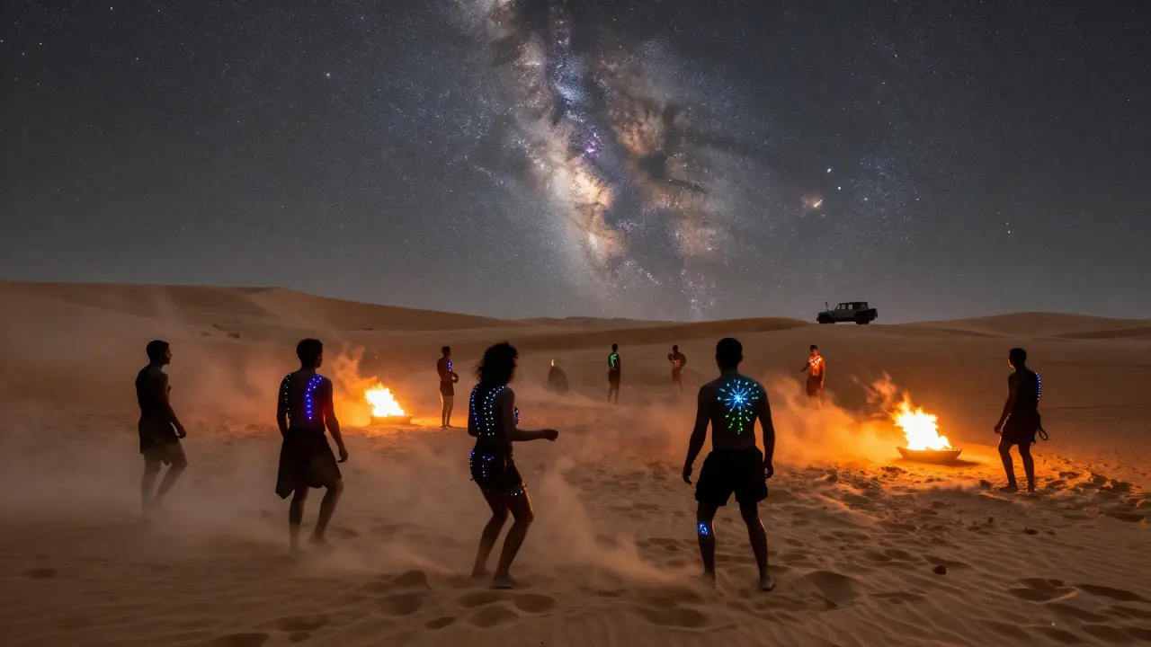 Desert rave under stars with dancers glowing in LED paint and fire pits illuminating dunes.