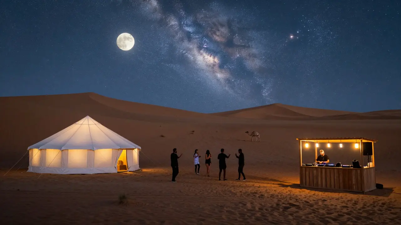 Desert Sound party at night in Liwa Desert with glowing tent and dancers under the Milky Way.