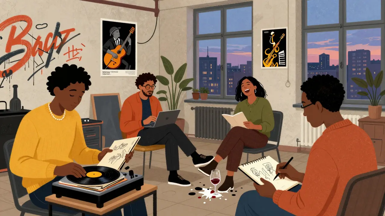 Diverse Berlin companions in an art-filled warehouse, laughing and sharing moments amid jazz music and street art.