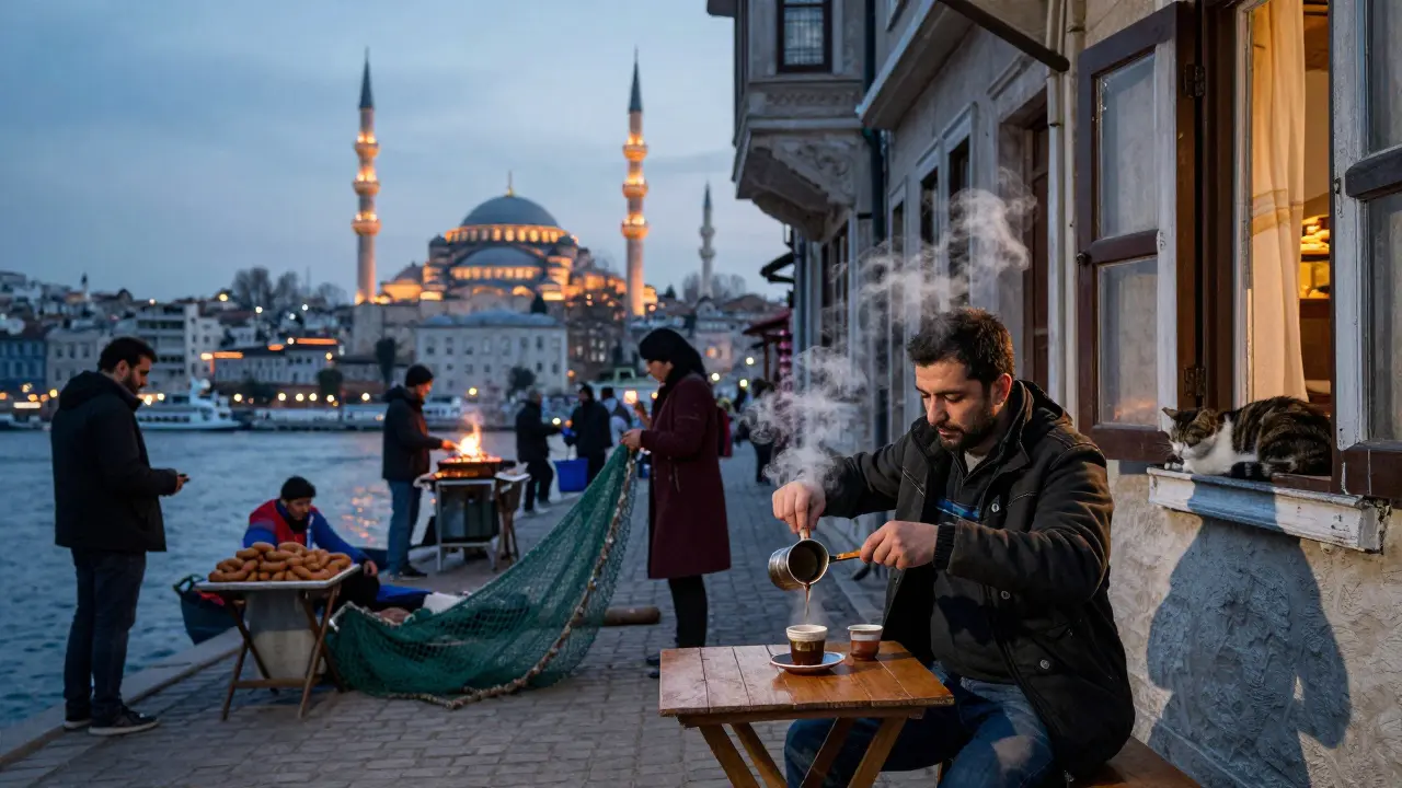 Early morning in Kadıköy: a man pouring Turkish coffee as the city wakes, with fishermen, a simit seller, and a sleeping cat.