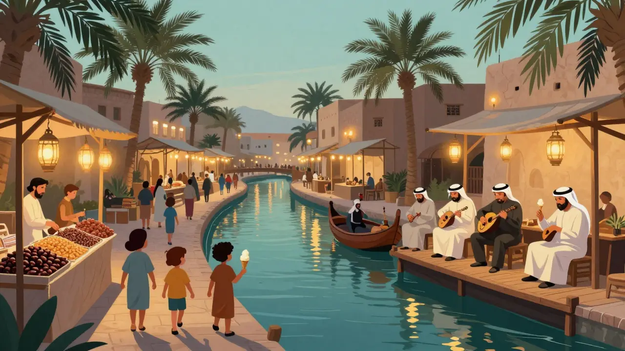 Family-friendly night market by a lantern-lit canal with musicians playing traditional instruments and food stalls.