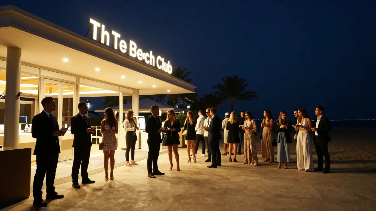 Guests waiting to enter The Beach Club on Yas Island under strict security and soft neon lighting.
