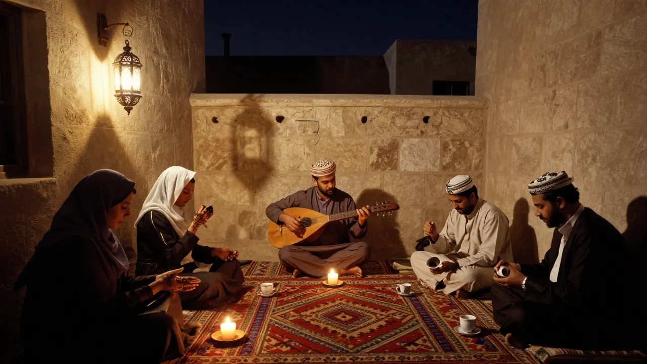 Heritage Village courtyard at night with lanterns, oud music, and locals enjoying traditional coffee and henna.