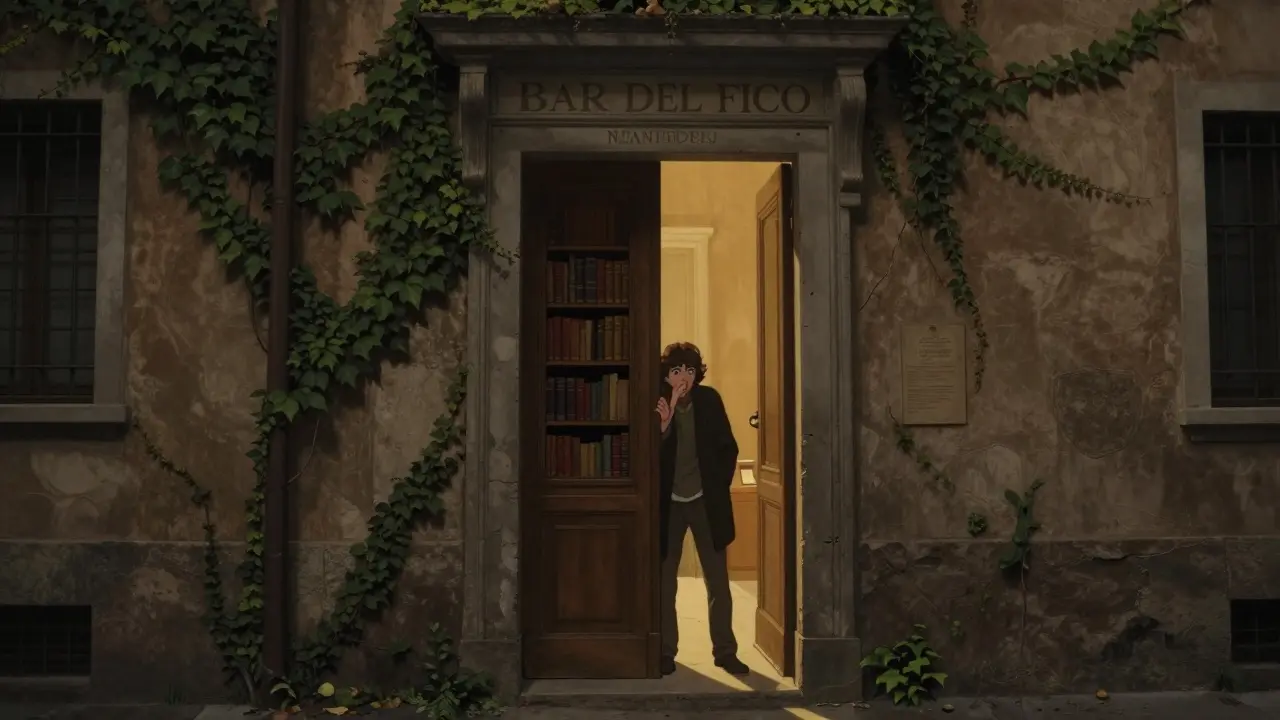 Hidden entrance to Bar del Fico behind a bookshelf in a dimly lit Brera alley.