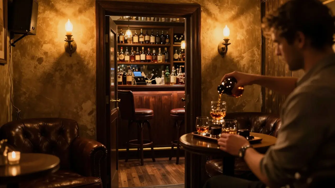 Hidden speakeasy with candlelit whiskey bar and rare bottles on wooden shelves.