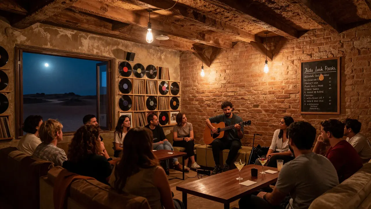 Hidden underground venue with acoustic guitarist and vintage vinyl walls.