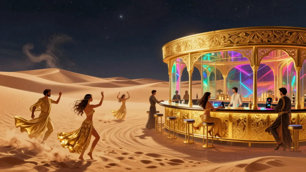 Immersive Arabian Nights nightclub with holographic dunes and gold-leaf bar under a starry ceiling.