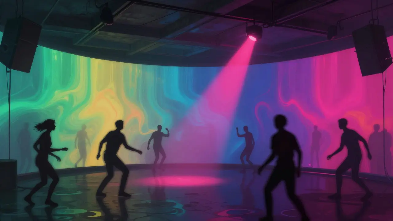 Immersive club with pulsing colored walls and silhouetted dancers