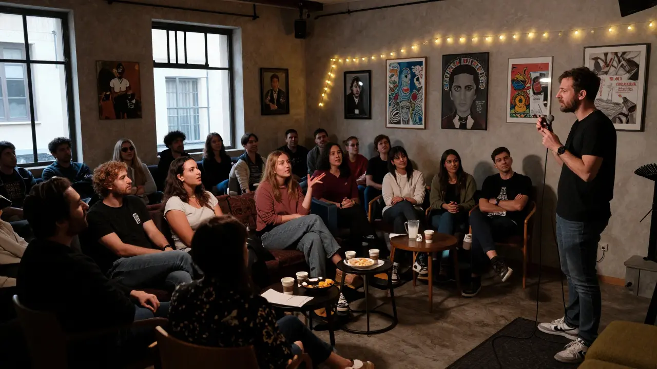 Intimate comedy show in an arts district with small crowd on couches, comedian performing under string lights.
