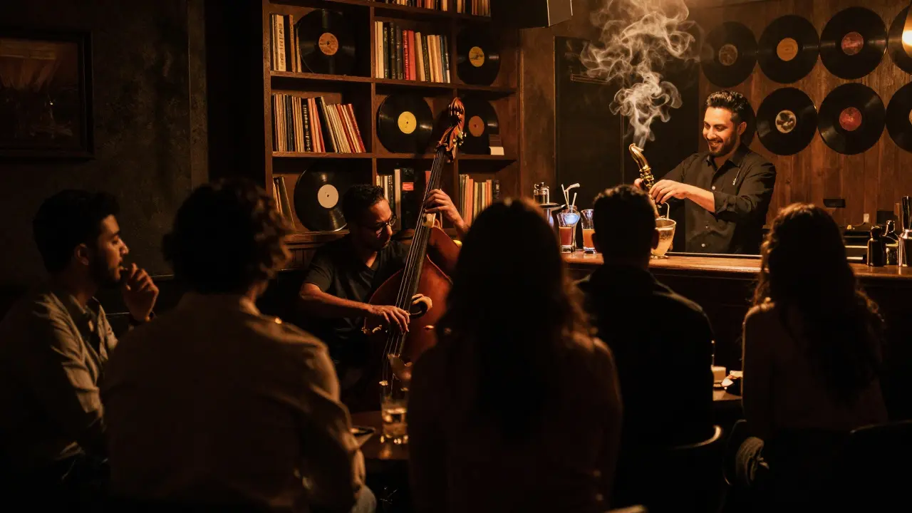 Intimate jazz performance in a hidden speakeasy behind a bookshelf with dim amber lighting.