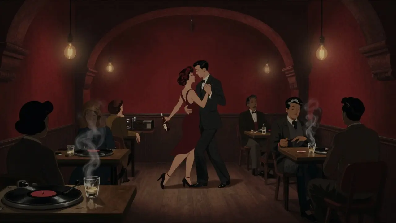 Intimate salsa dance in a dim red-lit underground club, rum bottle passed between friends in quiet celebration.