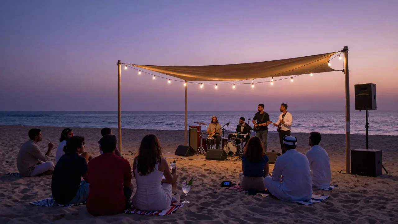 Live band performing at sunset on a beach with audience sitting in the sand.