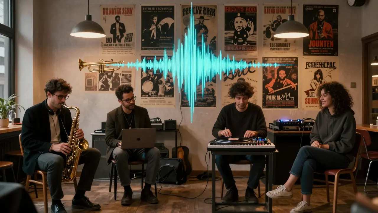 Live jazz and electronic music blending together in a cozy Paris bar with eclectic decor.