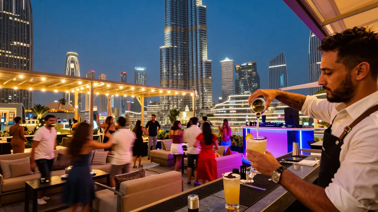 Lively rooftop terrace with people dancing and cocktails under glowing lights