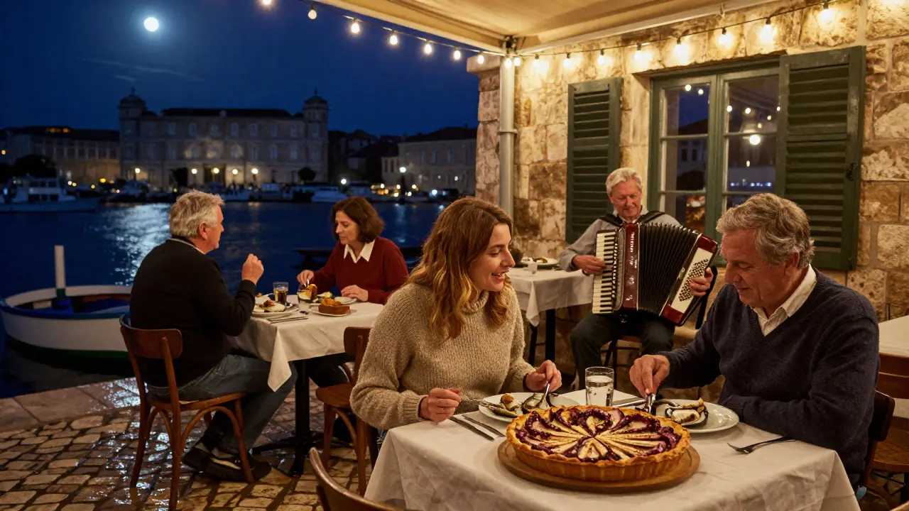 Locals dining at a harbor bistro with accordion music, grilled sardines, and the Prince’s Palace in the distance.