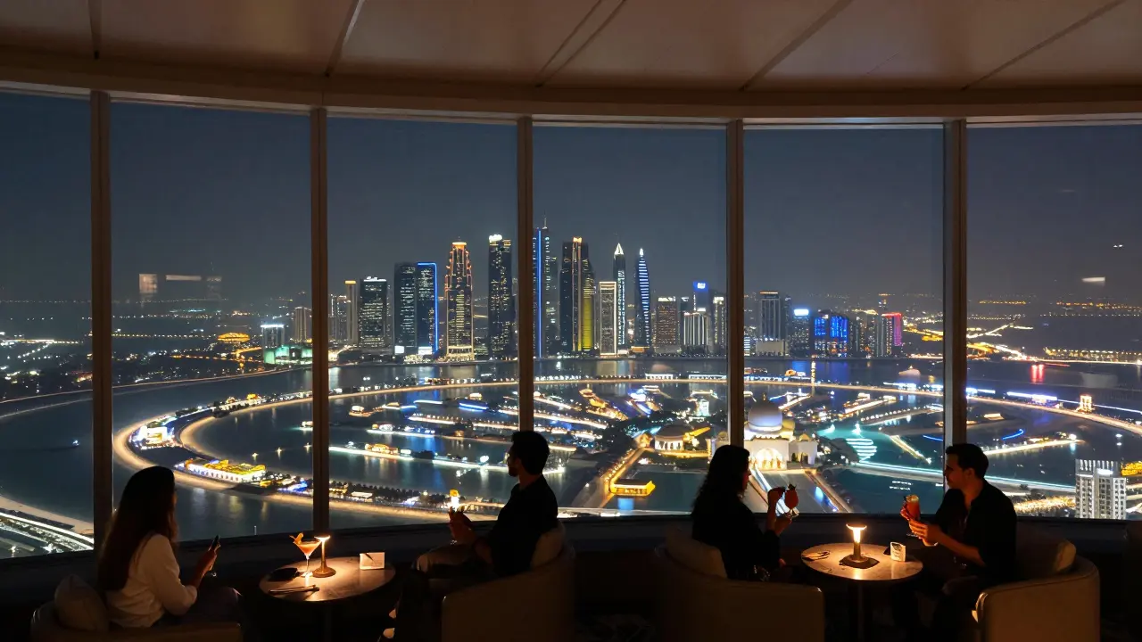 Luxurious rooftop lounge with panoramic view of Abu Dhabi’s skyline at midnight.