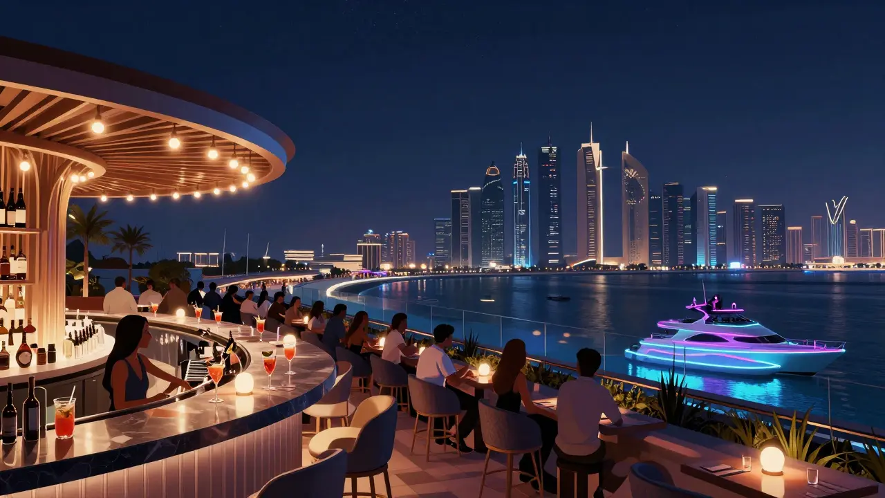 Luxury rooftop bar at W Abu Dhabi with skyline views, DJs, and guests sipping cocktails under neon lights.