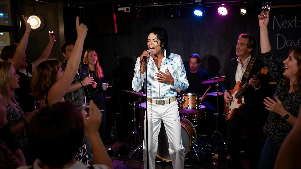 Man in moonlight costume singing Michael Jackson with live band and cheering crowd.