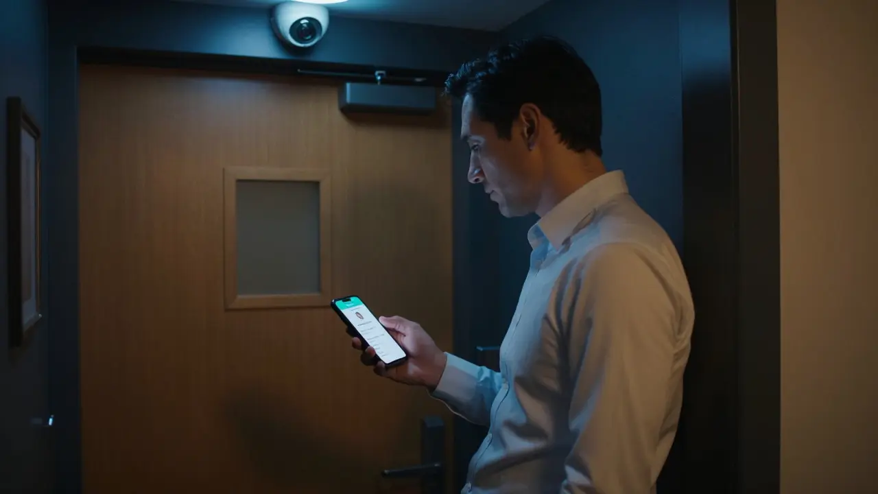 Man waiting outside a hotel room door, smartphone showing a verified escort profile.