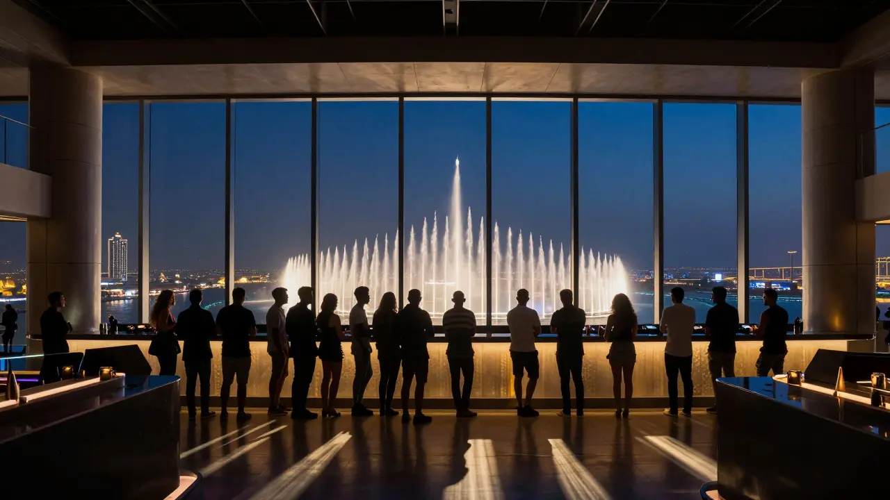 Panoramic view of Atmosphere nightclub with Dubai’s skyline and fountain visible through floor-to-ceiling windows.