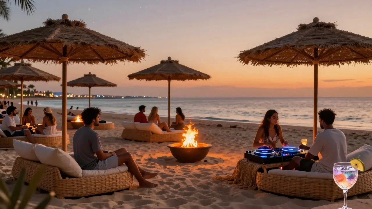 Private beach club at dusk with fire pits, lounging guests, and calm ocean under emerging stars.