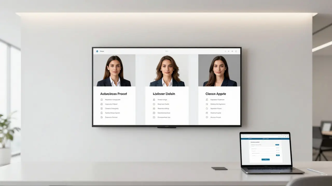 Professional companion profiles displayed on a digital screen in a minimalist Dubai agency office.
