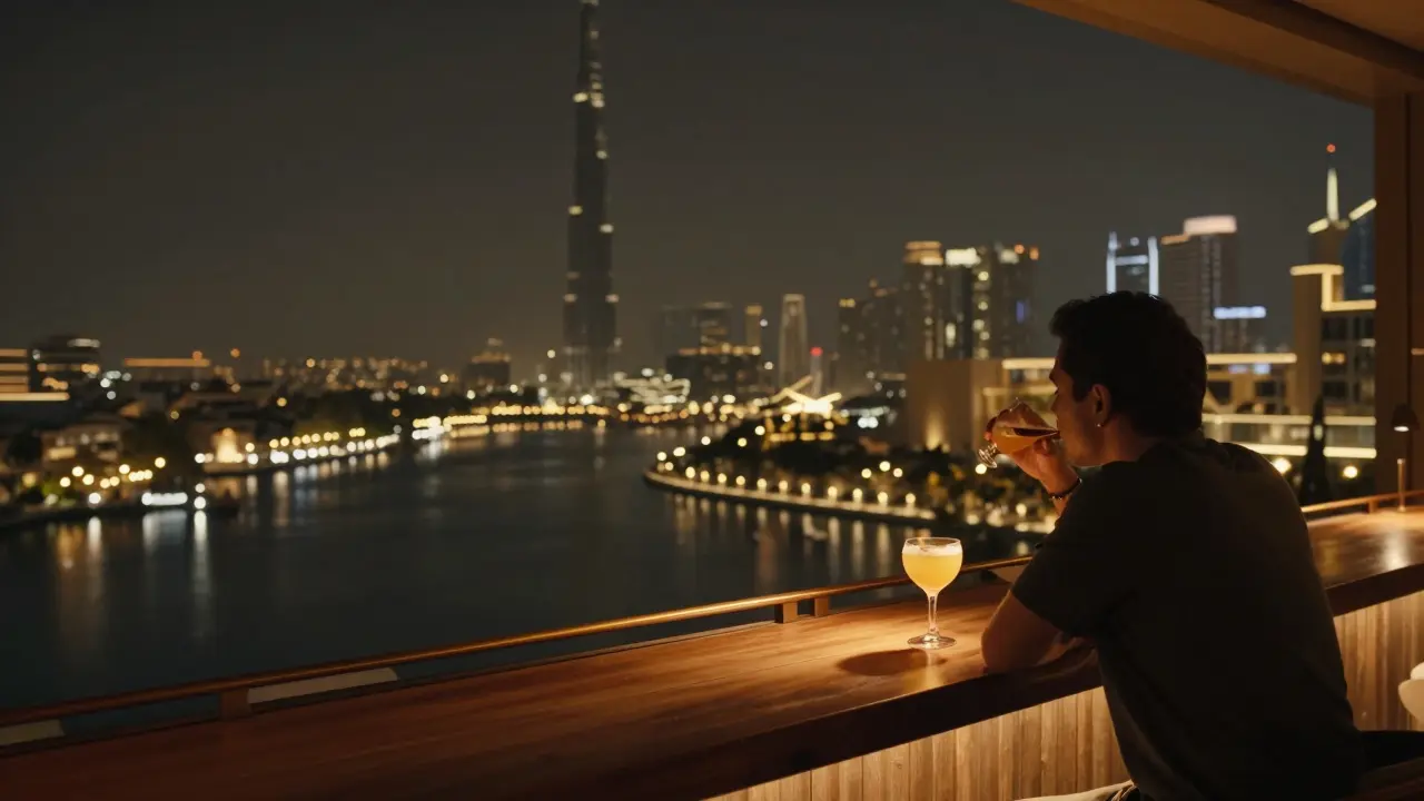 Quiet rooftop bar with single guest overlooking canal and distant Burj Khalifa