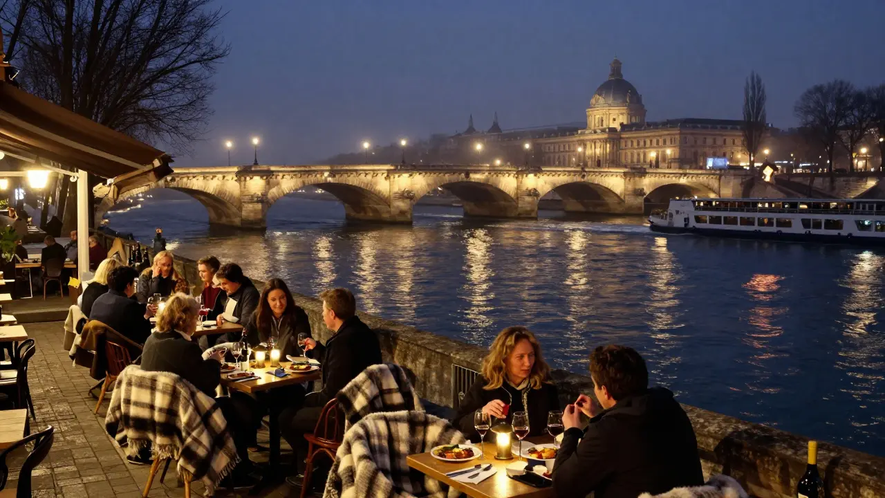 Riverside terraces lit by lanterns, patrons wrapped in blankets sipping wine under a historic bridge, the Seine shimmering with city reflections.