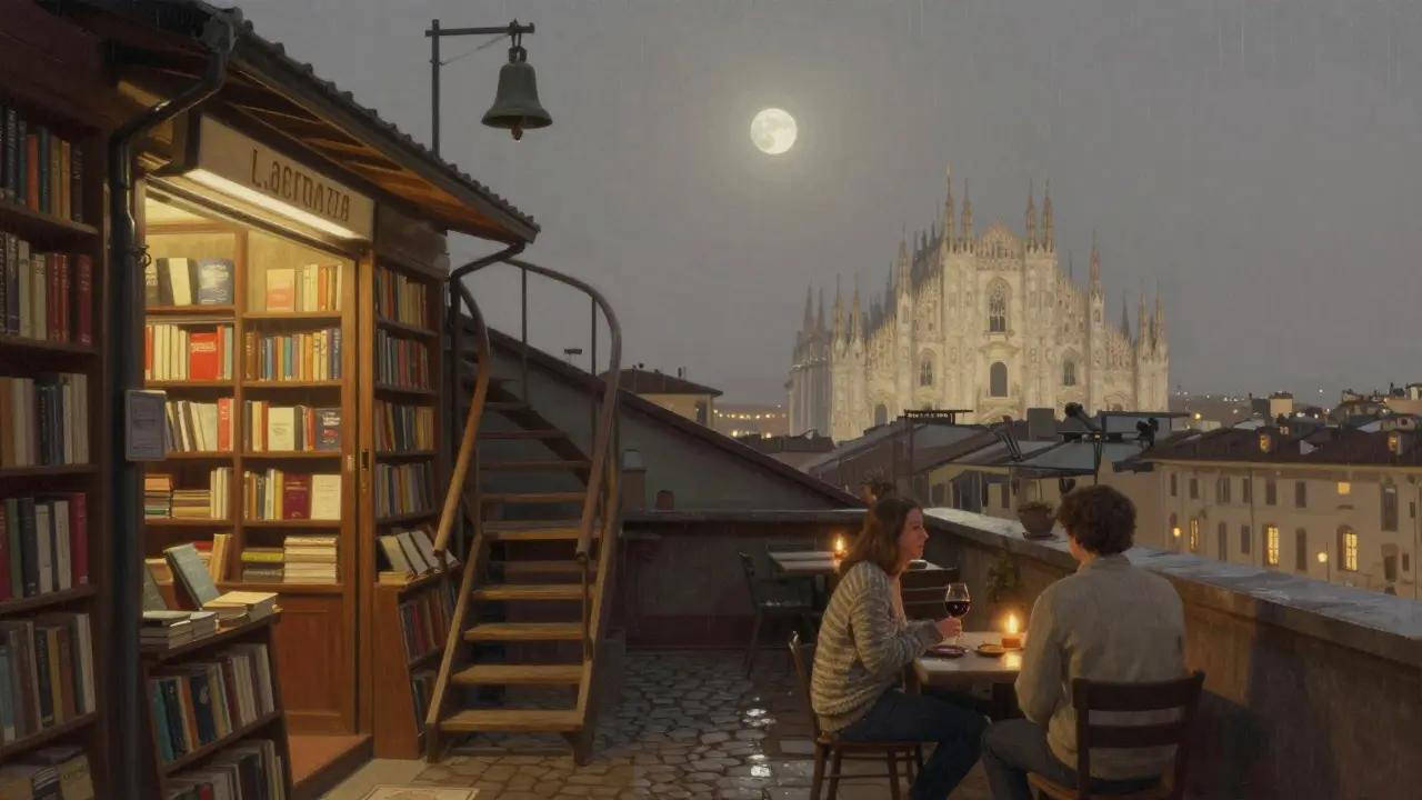 Rooftop bar above a bookshop with view of Milan's Duomo under soft moonlight.