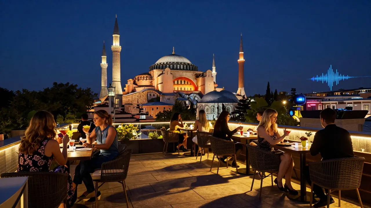 Rooftop terrace with Istanbul&#039;s skyline illuminated, guests enjoying cocktails under the stars.