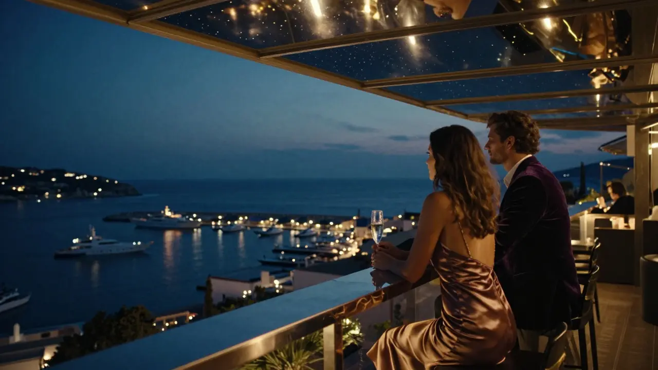 Rooftop terrace with panoramic view of Monaco harbor at night, couple enjoying champagne under stars.