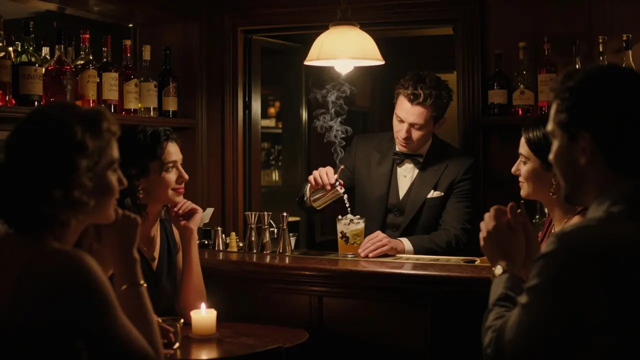 Secret speakeasy behind a fridge door, bartender crafting a smoky cocktail in dim candlelight.