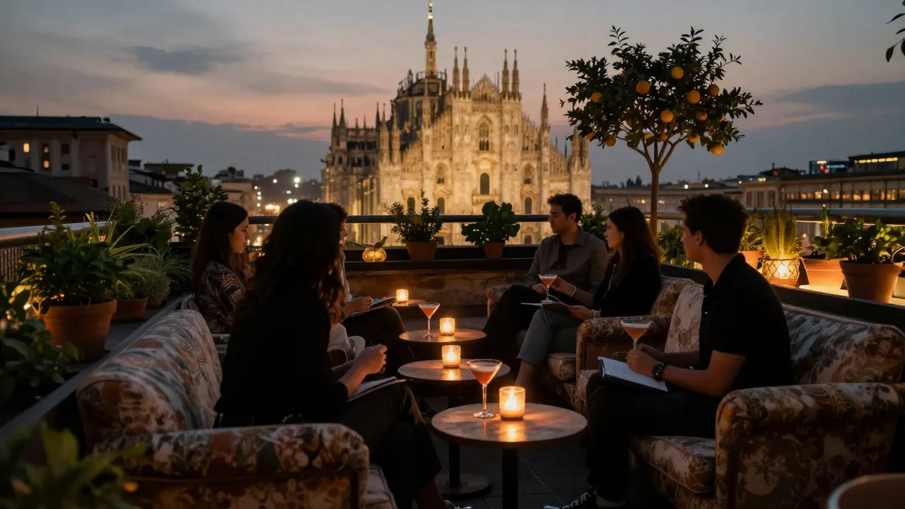 Serene rooftop lounge overlooking Milan’s city lights at night, people sitting quietly with cocktails.