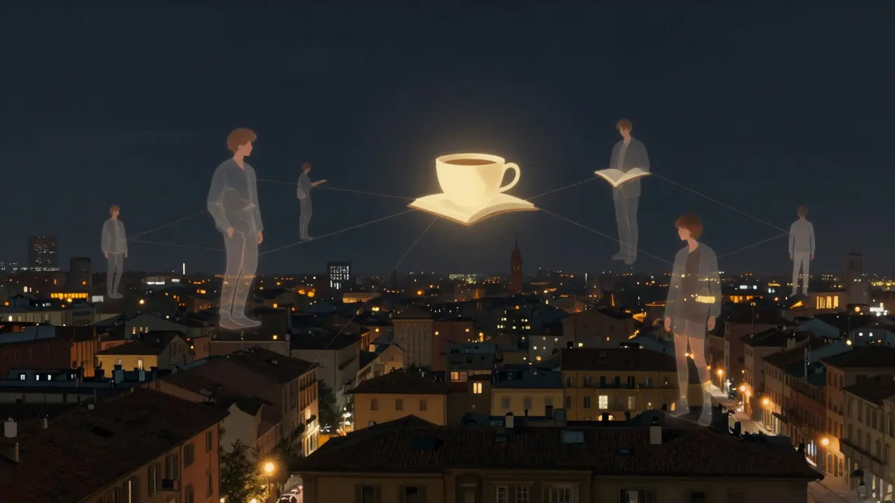 Silhouetted figures connected by golden threads above Milan’s neighborhoods, symbolizing human connection.