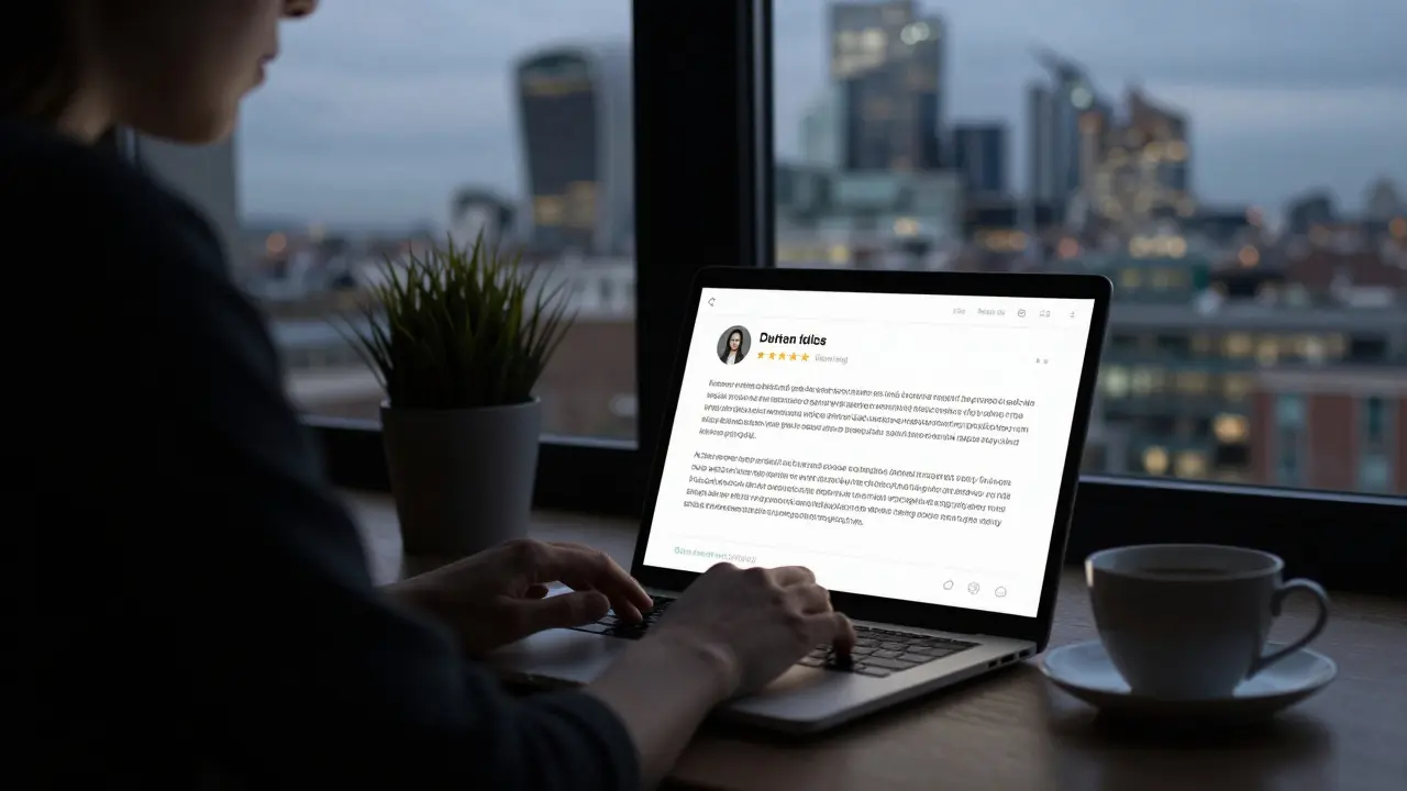 Someone writing a discreet review on a laptop, with London lights visible through the window.