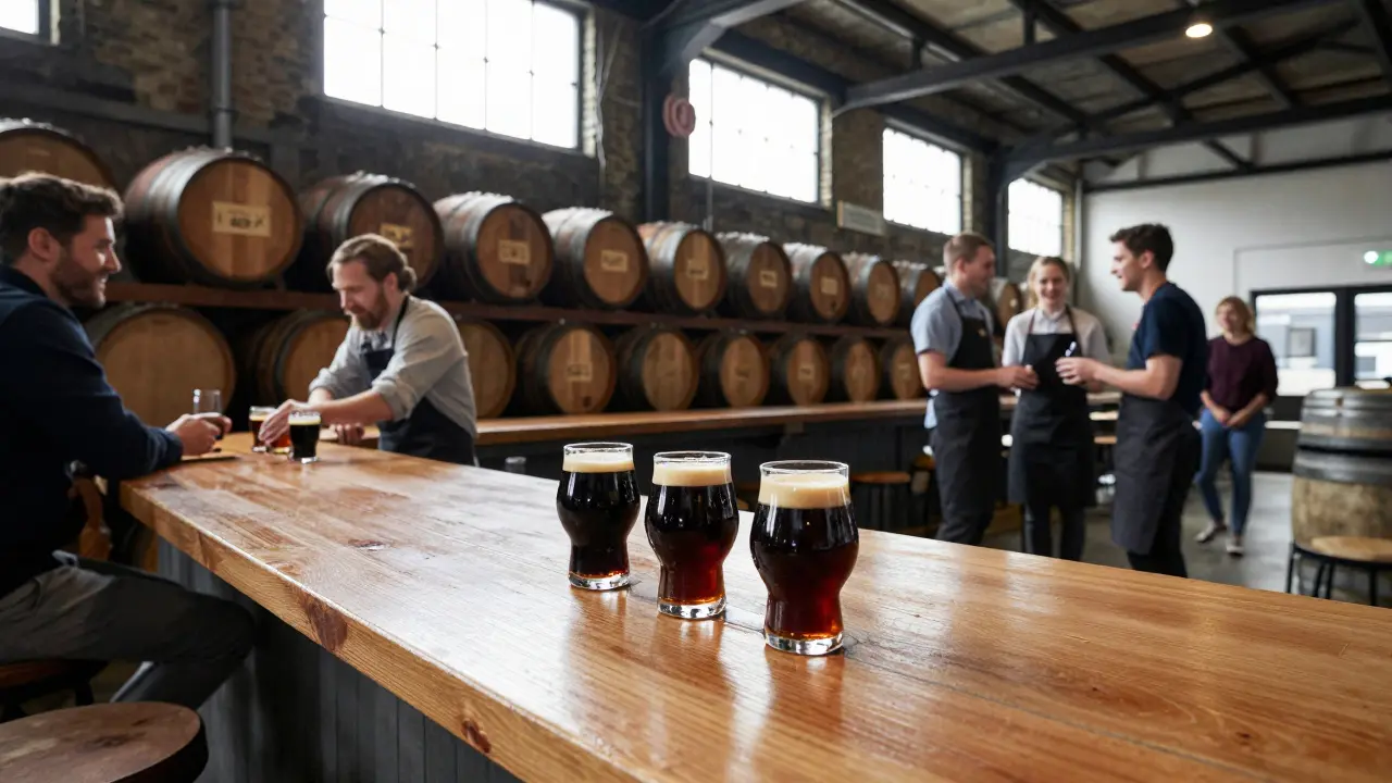Tasting flight of craft stouts at a brewery bar with barrels in the background and staff interacting with guests.