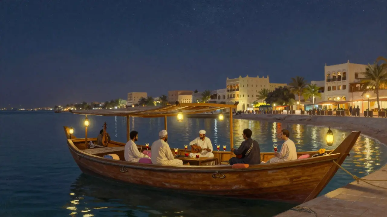 Traditional dhow boat at night with lanterns and guests sipping drinks on the water.