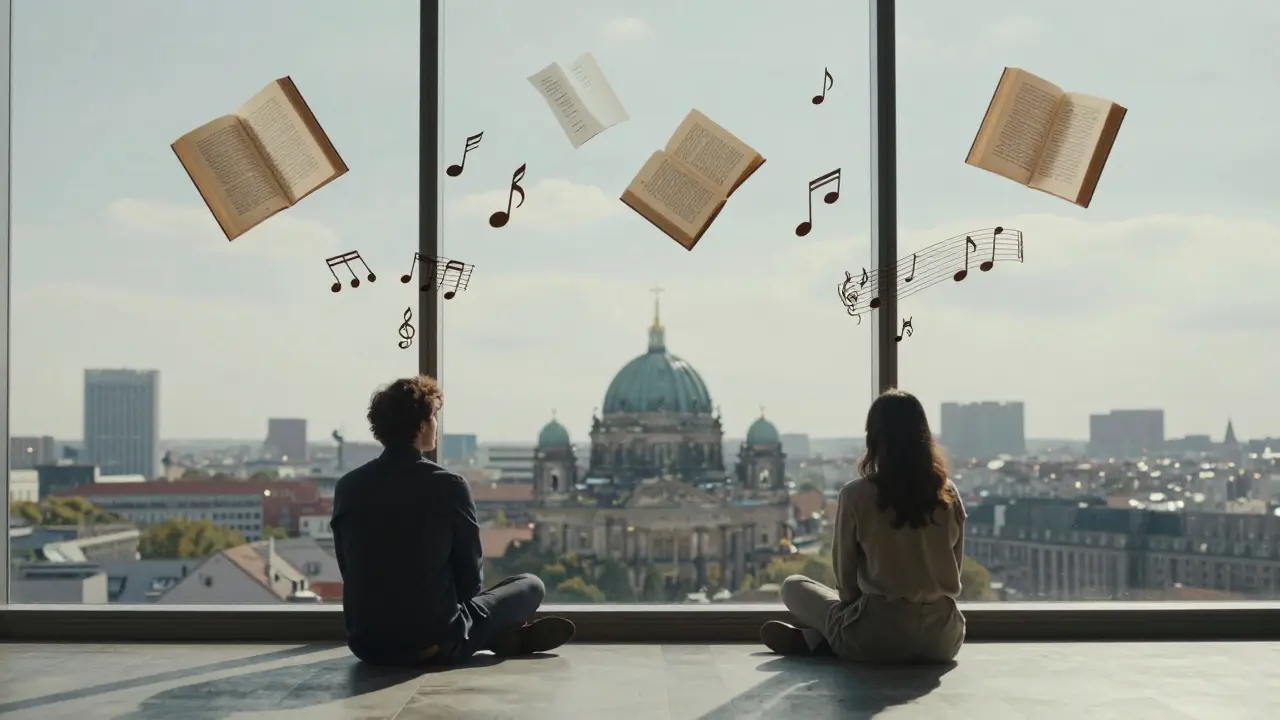 Two figures sit in silent connection, their shadows blending into floating words, books, and music notes over Berlin’s skyline.