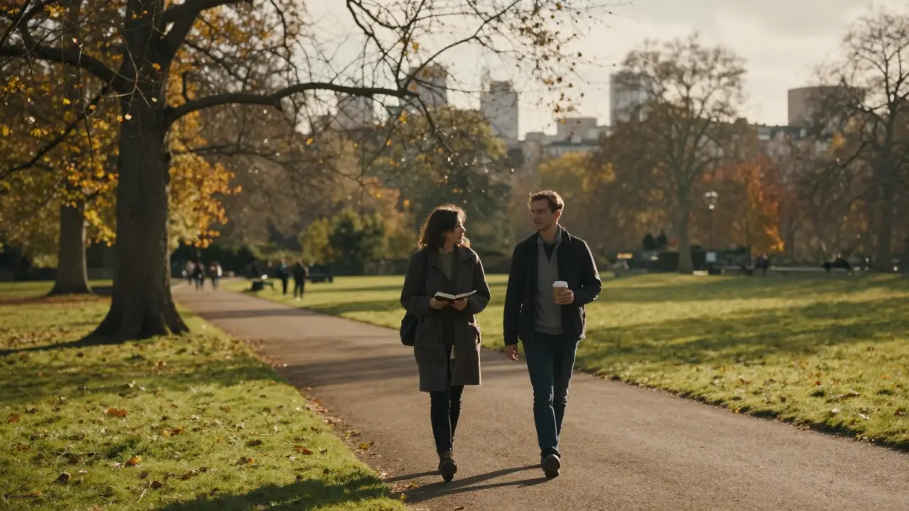 Two figures walking peacefully through Hyde Park at sunset, shadows stretching on the grass.