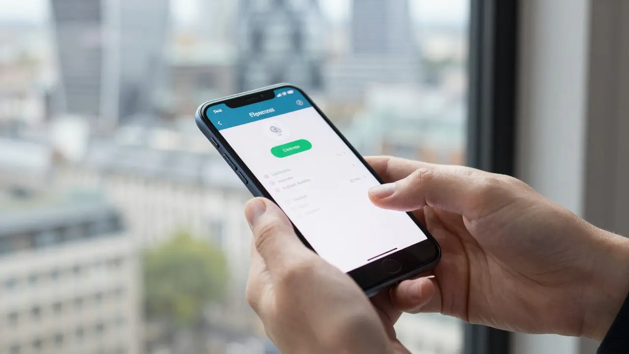 Two hands closing a smartphone after a secure payment, city lights visible in background.