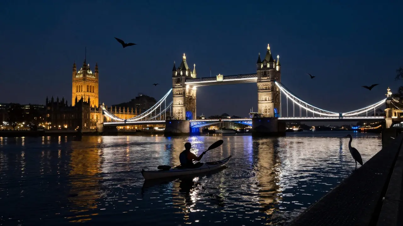 Two kayakers glide past illuminated London landmarks on the Thames at night, reflections shimmering on the water.