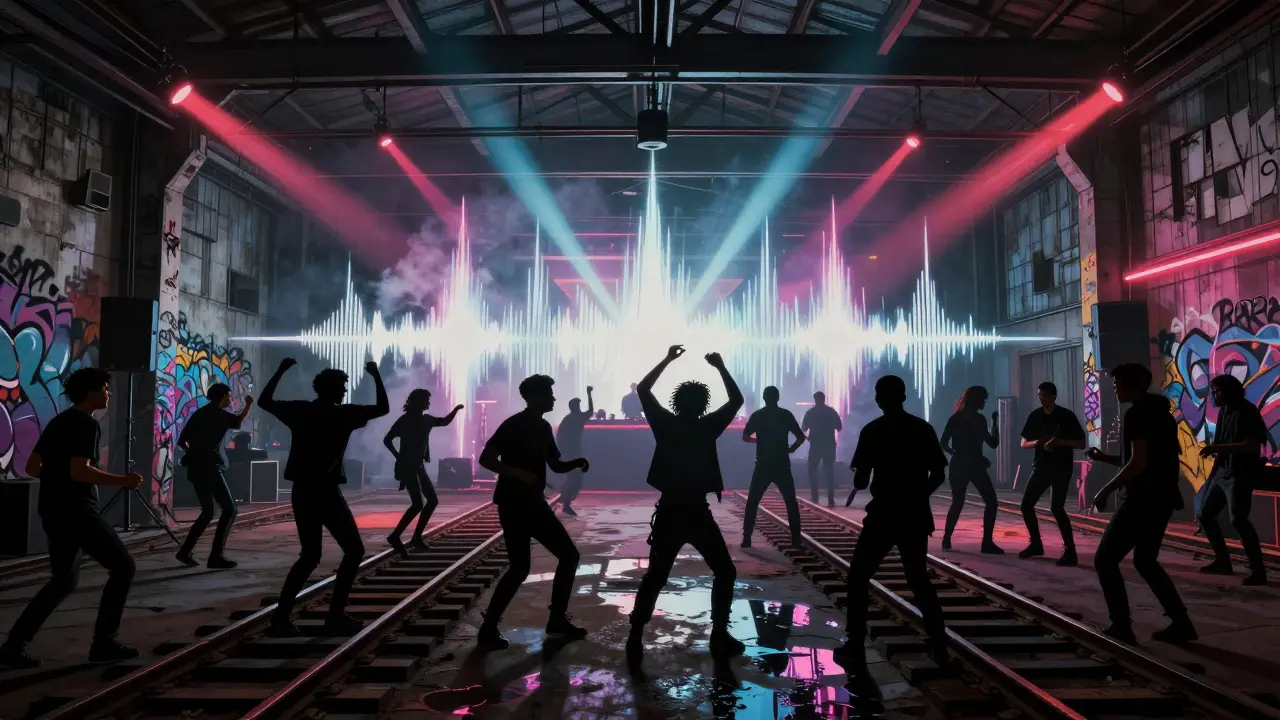 Underground club Alcatraz with strobing lights and a crowd in black dancing in industrial space.