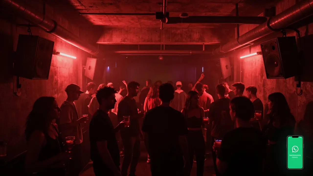 Underground club with industrial decor and dim red lighting, where a quiet crowd enjoys raw techno music.