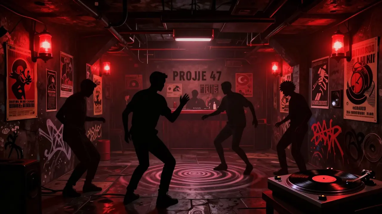 Underground club with pulsing lights and silhouetted dancers immersed in electronic music.