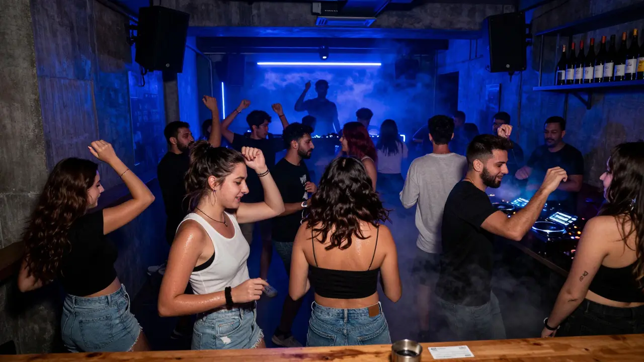 Underground nightclub with pulsing blue lights and quiet crowd dancing to techno.