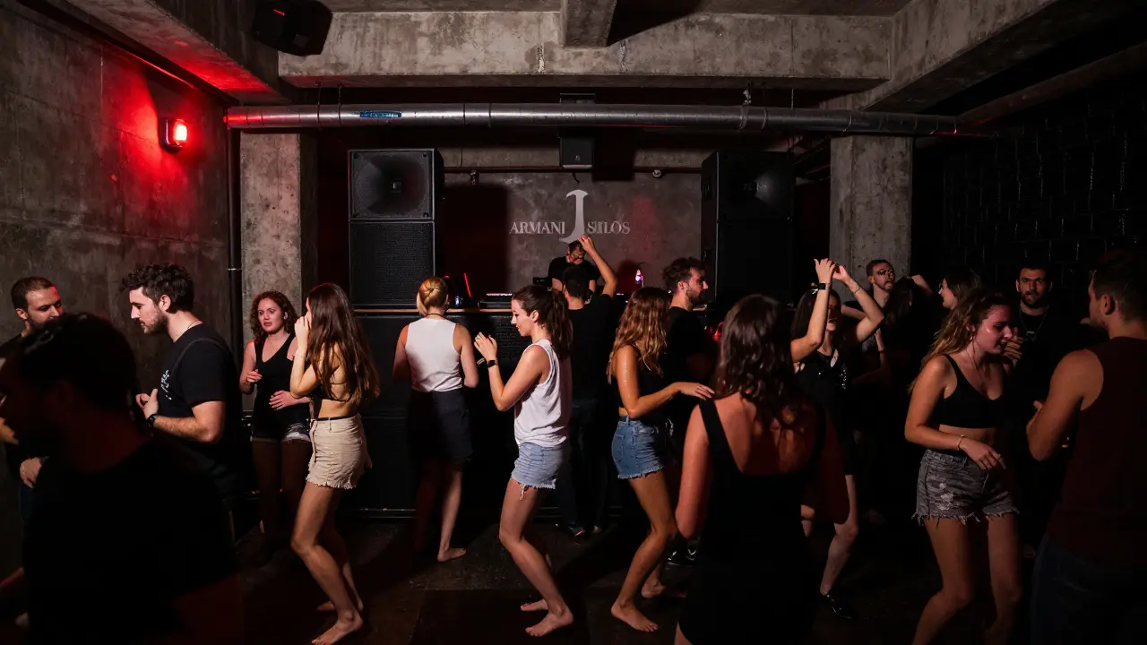 Underground techno club with a dense crowd dancing under red lights and powerful sound systems.