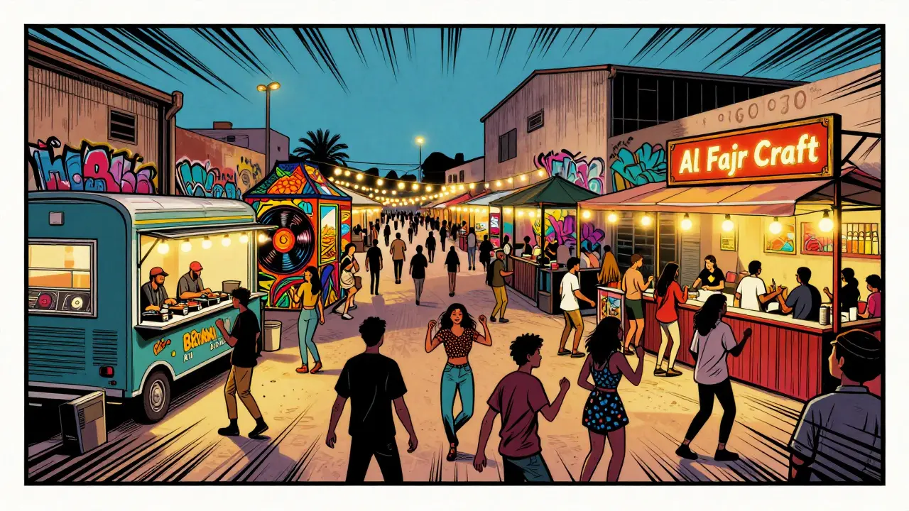 Vibrant Midnight Market in Al Jazira with food trucks, vinyl DJs, and street art under fairy lights.